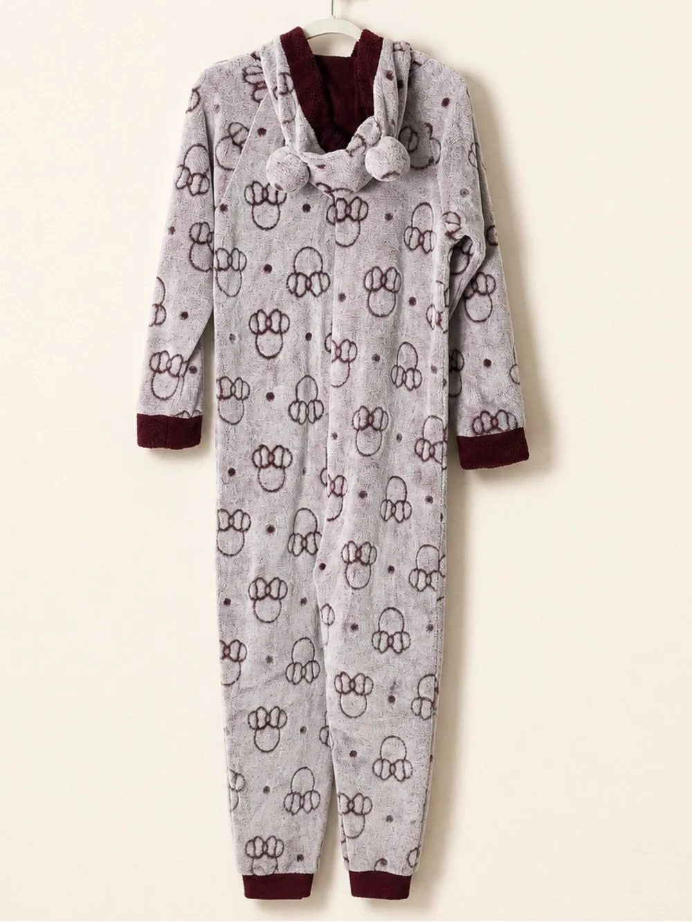 Disney Plush Fleece Hooded One-Piece Pajama Jumpsuit Pom Pom Zip Burgundy Gray L